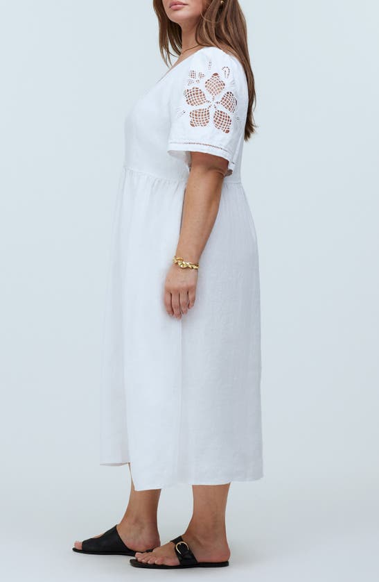 Shop Madewell Cassie Openwork Detail Linen Button-up Midi Dress In Eyelet White