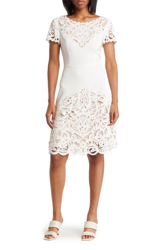 Focus By Shani Laser Cutout Short Sleeve Dress In Ivory Nude