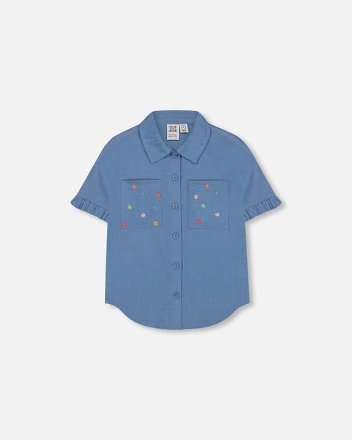 Deux Par Deux Little Girl's Chambray Shirt With Embroidered Flowers at Nordstrom, Size 4T