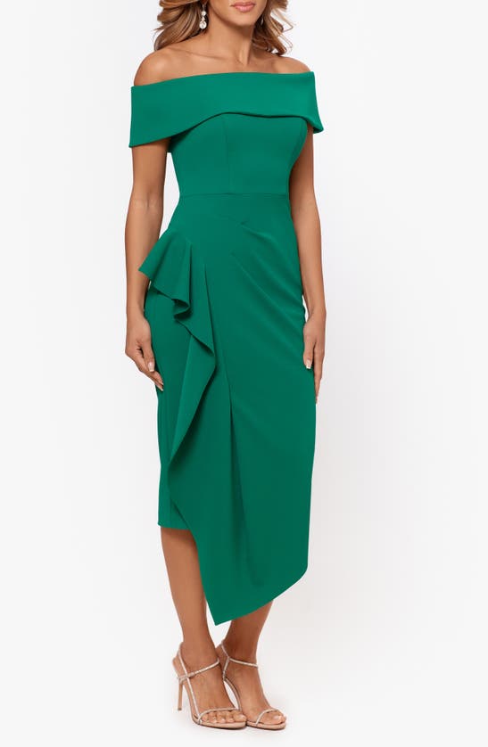 Shop Betsy & Adam Ruffle Off The Shoulder Cocktail Midi Dress In Green