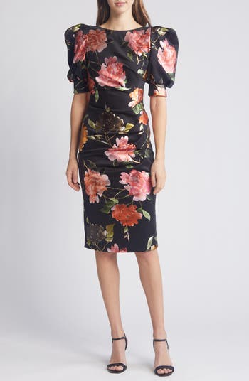 Floral Puff Sleeve Cocktail Dress