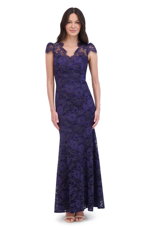 Shop Eliza J Eyelash Lace Cap Sleeve Trumpet Gown In Navy Gold