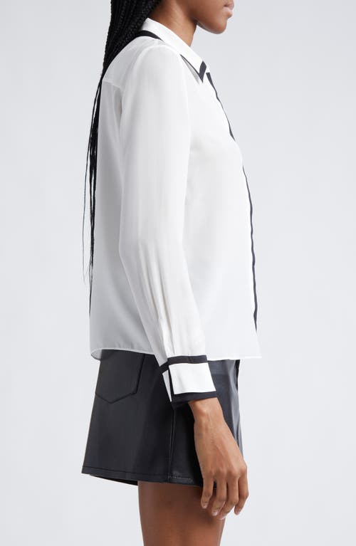 Shop Alice And Olivia Alice + Olivia Willa Contrast Trim Silk Button-up Top In Off White/black