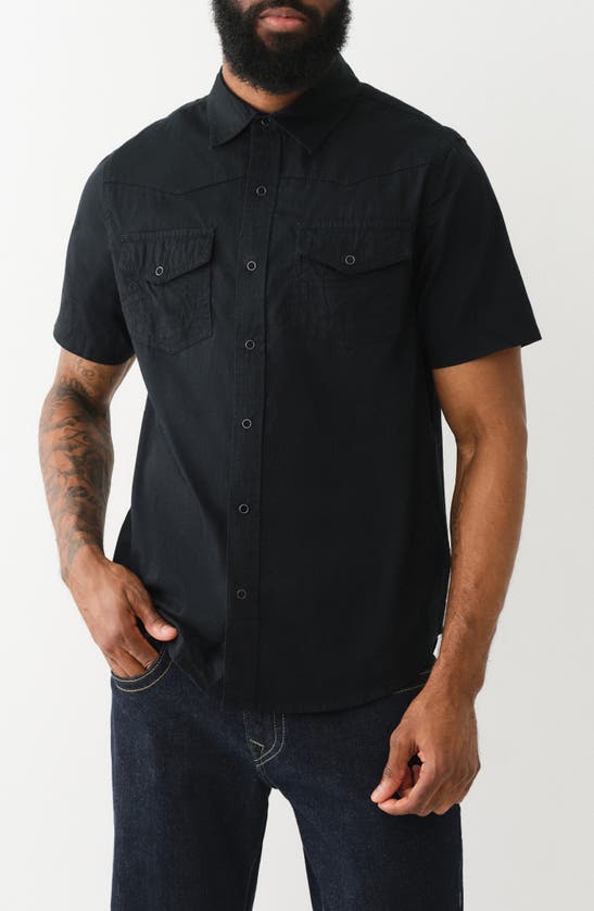 Shop True Religion Brand Jeans Short Sleeve Cotton Button-up Shirt In Jet Black