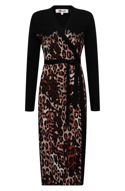 Shop Dvf Savannah Leopard Print Jacquard Long Sleeve Wrap Sweater Dress In Jungle Cat Sm/black