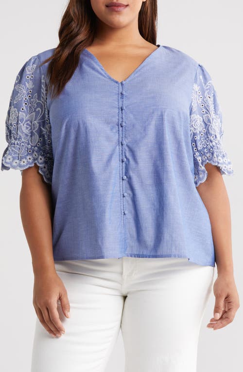 CeCe Embroidered Flutter Sleeve Chambray Top Blue Air at Nordstrom,