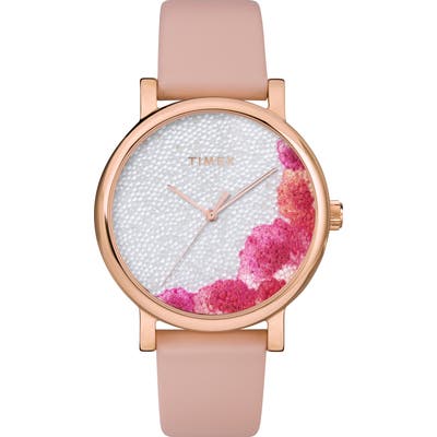 Timex Full Bloom Crystal Floral Leather Strap Watch,