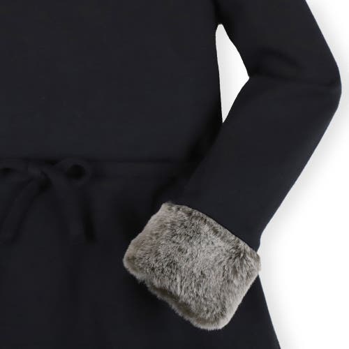 Hope & Henry Girls' Long Sleeve Ponte Dress With Faux Fur, Kids In Black Long Sleeve
