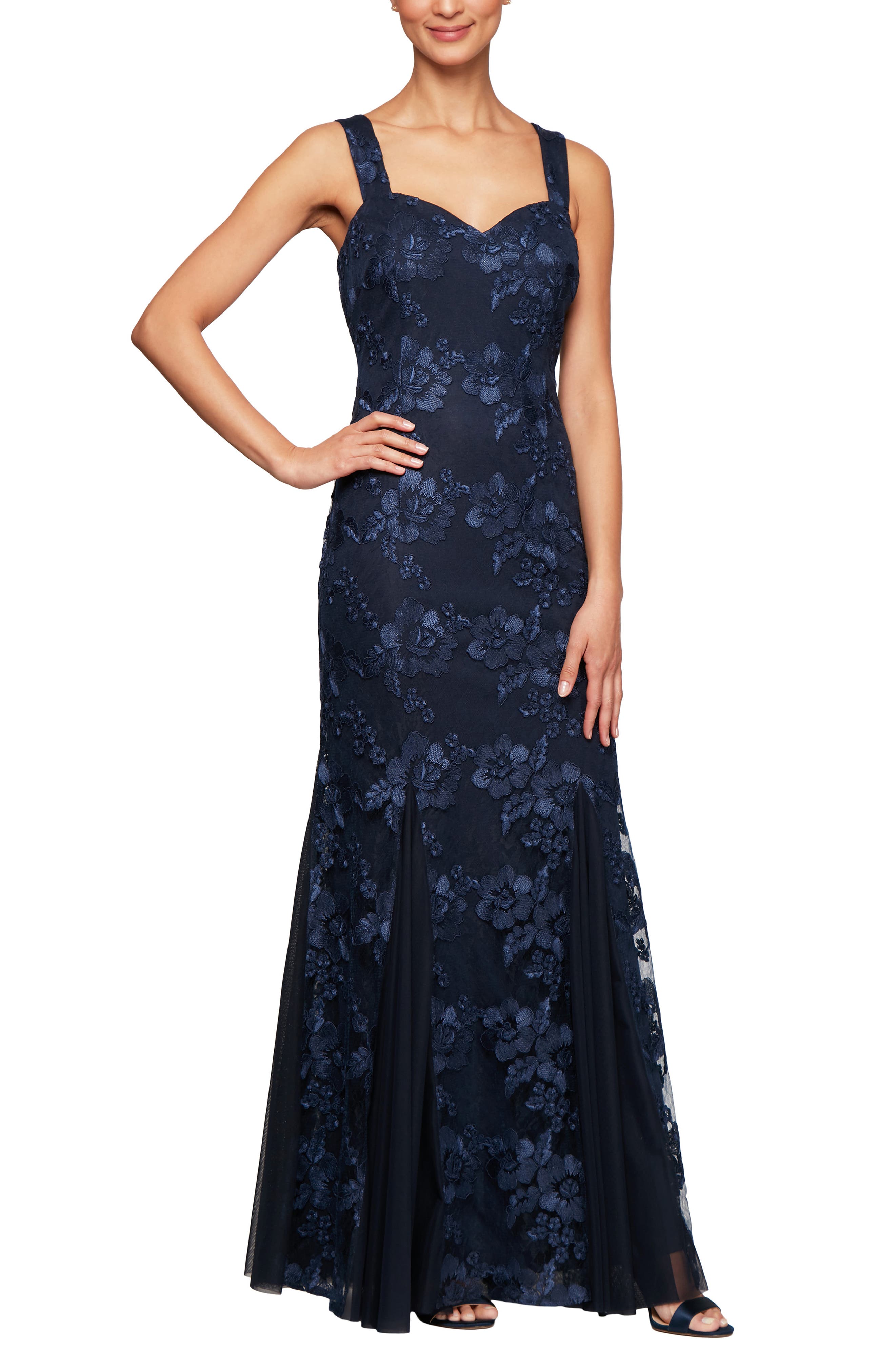 Petite Alex Evenings Embroidered Lace Trumpet Gown With Jacket, Blue
