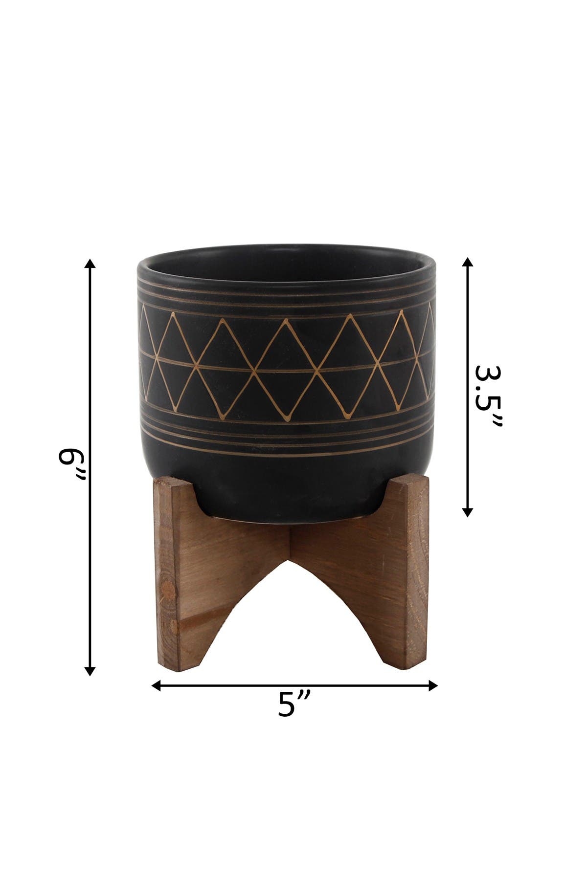 Flora Bunda Black/gold Geo Planter On Wood Stand