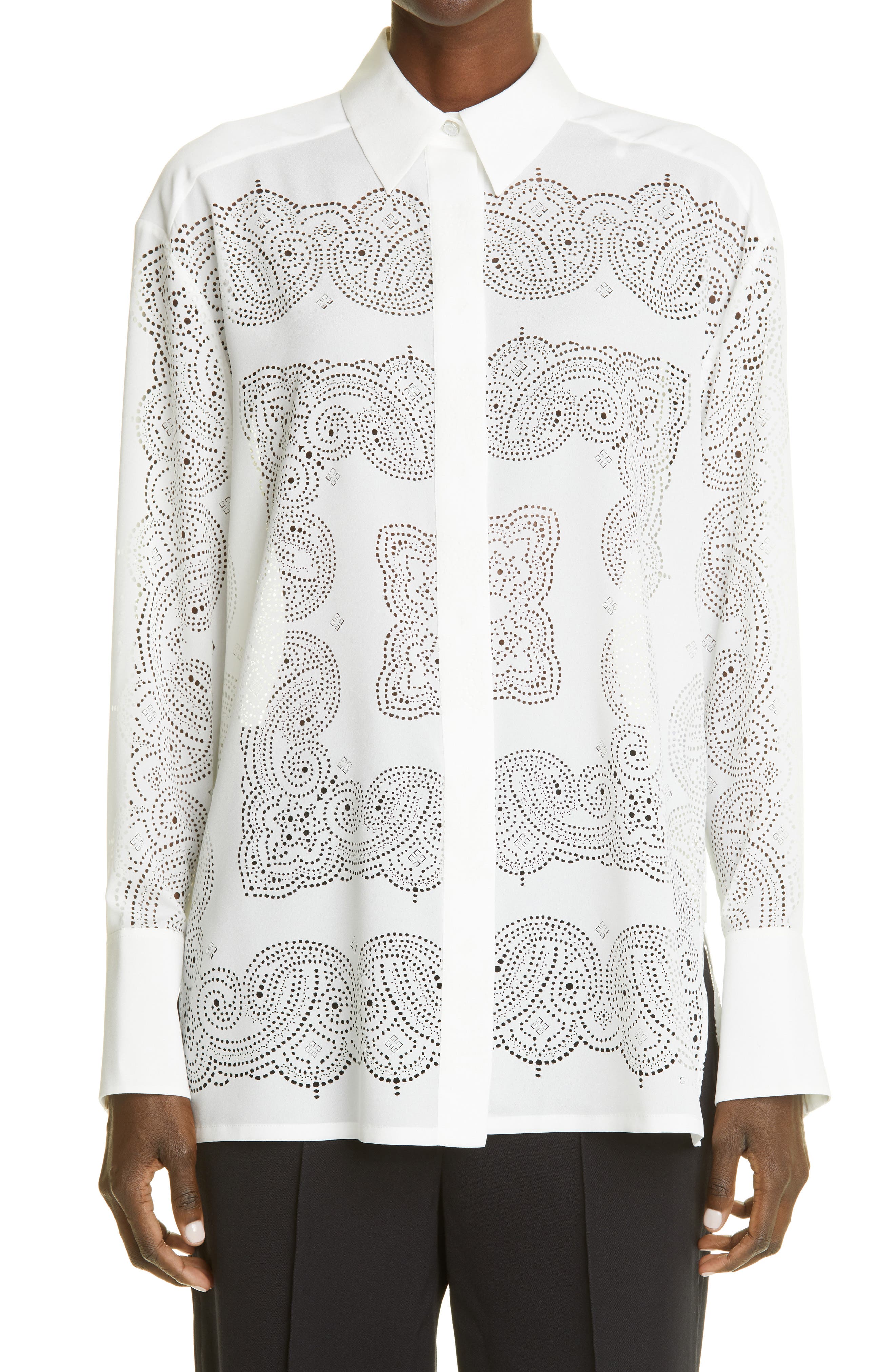 Givenchy Perforated Bandana Print Button-Up Blouse in 100-White