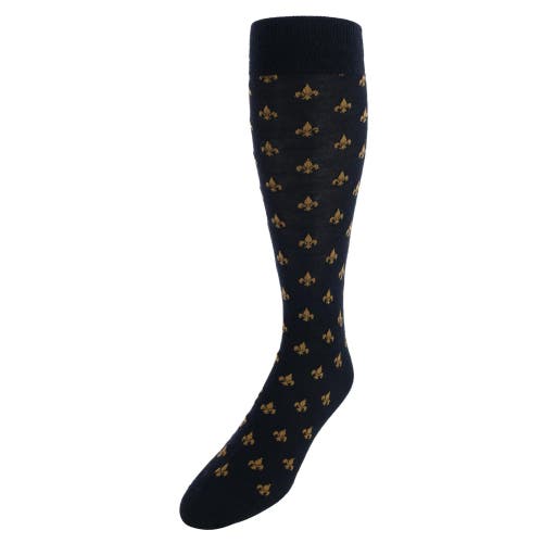 Shop Trafalgar Atlas Fleur De Lis Over The Calf Fine Merino Wool Socks In Black And Gold Fleur Di Lis