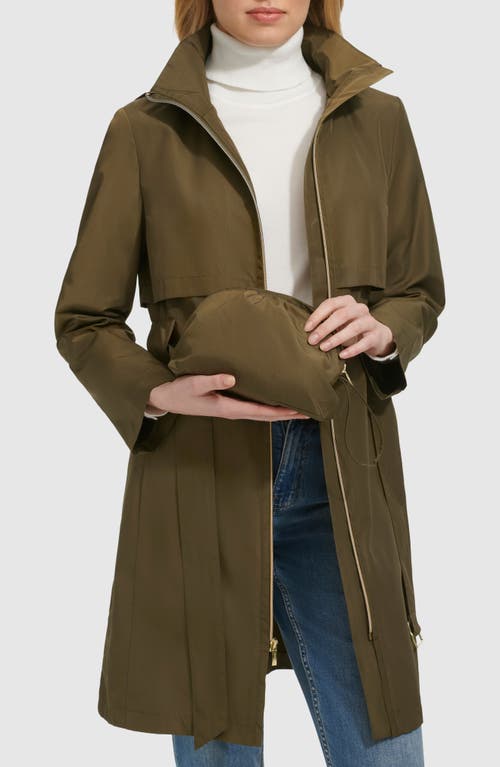 Shop Cole Haan Belted Travel Packable Hooded Rain Jacket In Olive