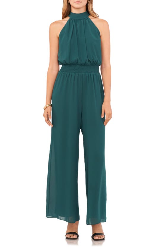 VINCE CAMUTO TIE NECK CHIFFON OVERLAY WIDE LEG JUMPSUIT