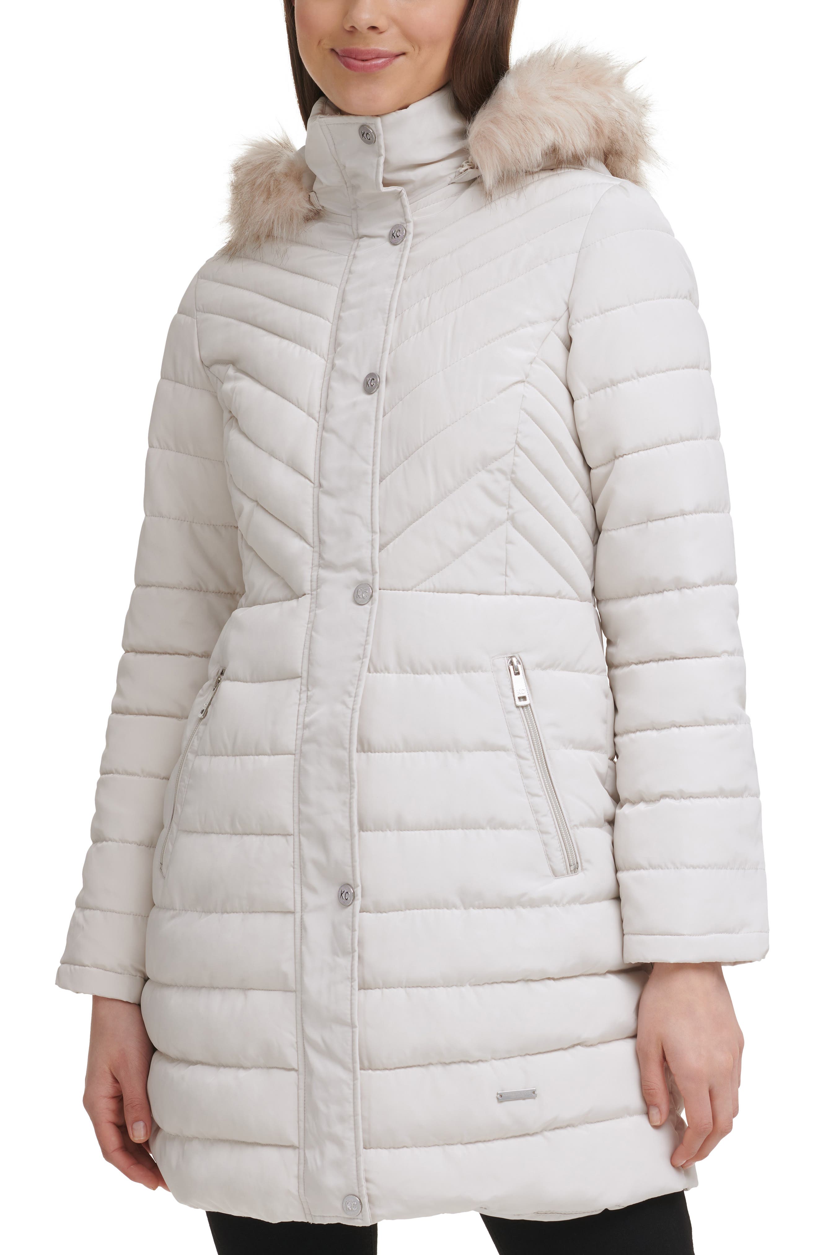 Kenneth cole faux fur hood zip front puffer jacket Clearance