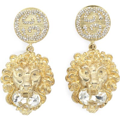 Gucci Lion Head Crystal Drop Earrings