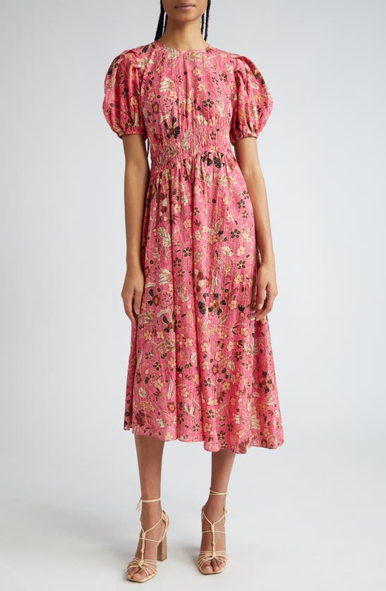 Shop Ulla Johnson Eden Floral Puff Sleeve Cotton Blend Midi Dress In Hollyhock