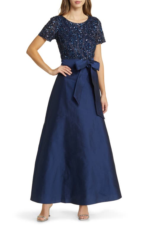 Beaded Bodice Mixed Media Gown in Navy 410