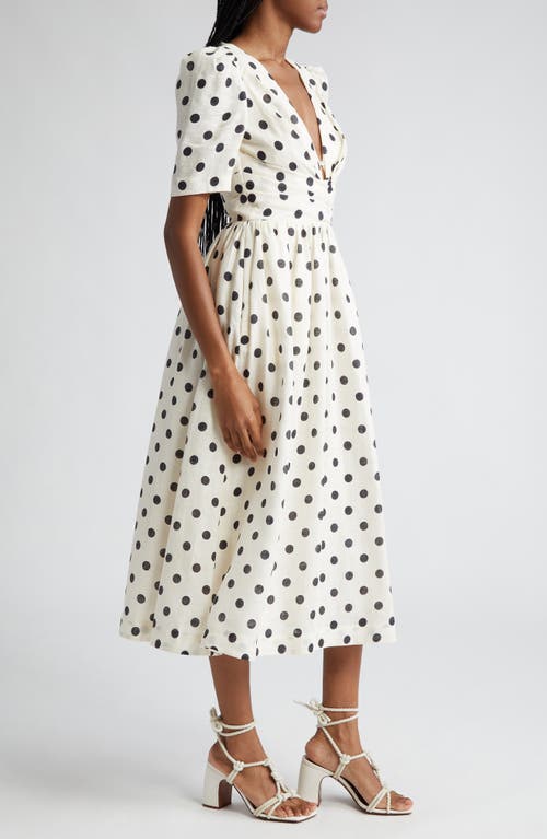 Shop Zimmermann Polka Dot Pleated Linen Midi Dress In Cream/black Dot