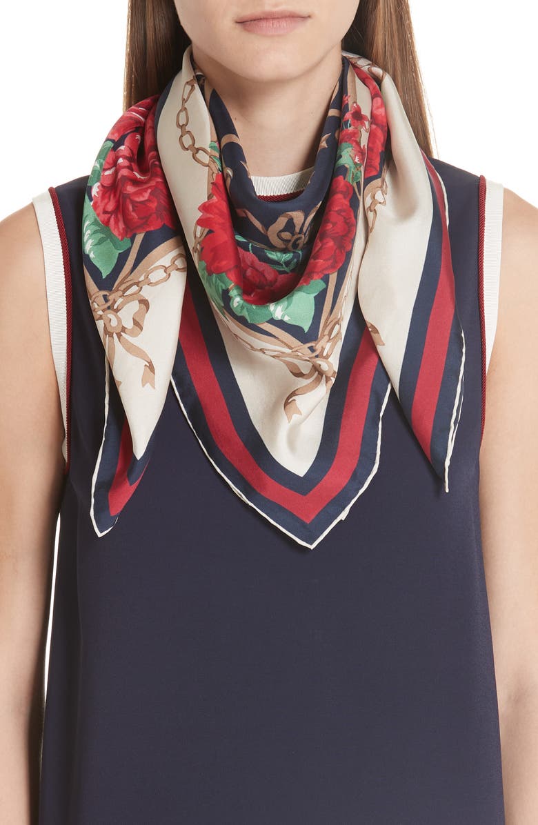 GUCCI Rose Chain Foulard Silk Twill Scarf, Main, color, MIGHTNIGHT BLUE/ RED