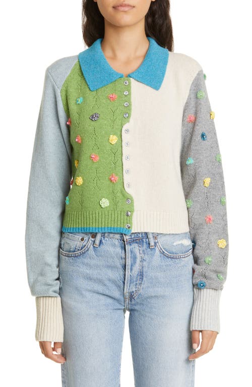 YanYan Floral Appliqué Embroidered Lamsbwool Cardigan in Blue/Green