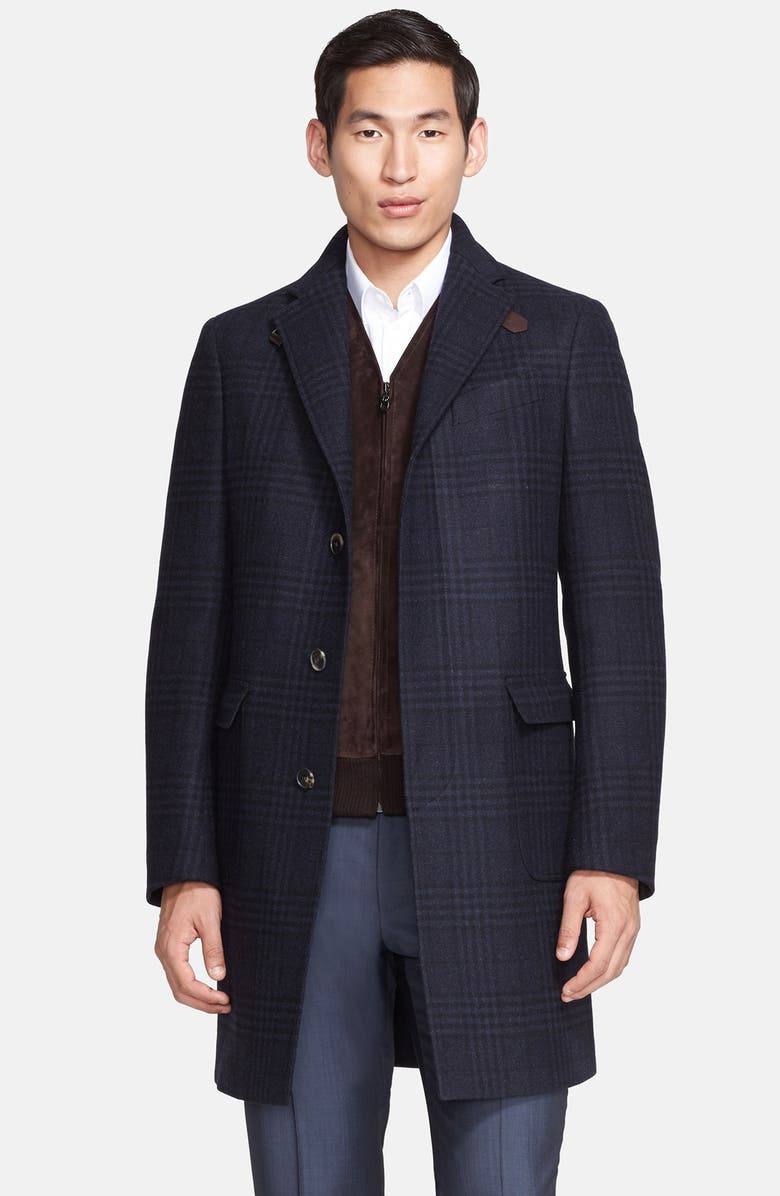 Salvatore Ferragamo Trim Fit Plaid Wool Topcoat with Leather Trim ...