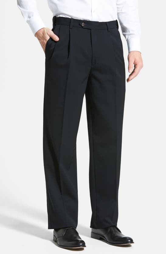 BERLE BERLE SELF SIZER WAIST PLEATED CLASSIC FIT WOOL GABARDINE DRESS PANTS