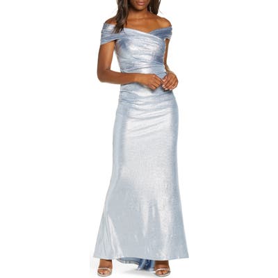 Eliza J Off The Shoulder Foil Knit Gown, Blue