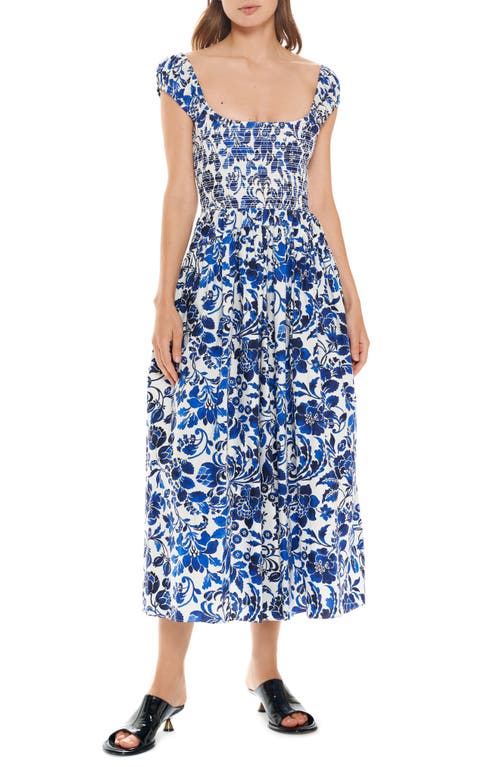 La Ligne Vivian Floral Smocked Bodice Cotton A-line Dress In Ivory/cobalt Floral
