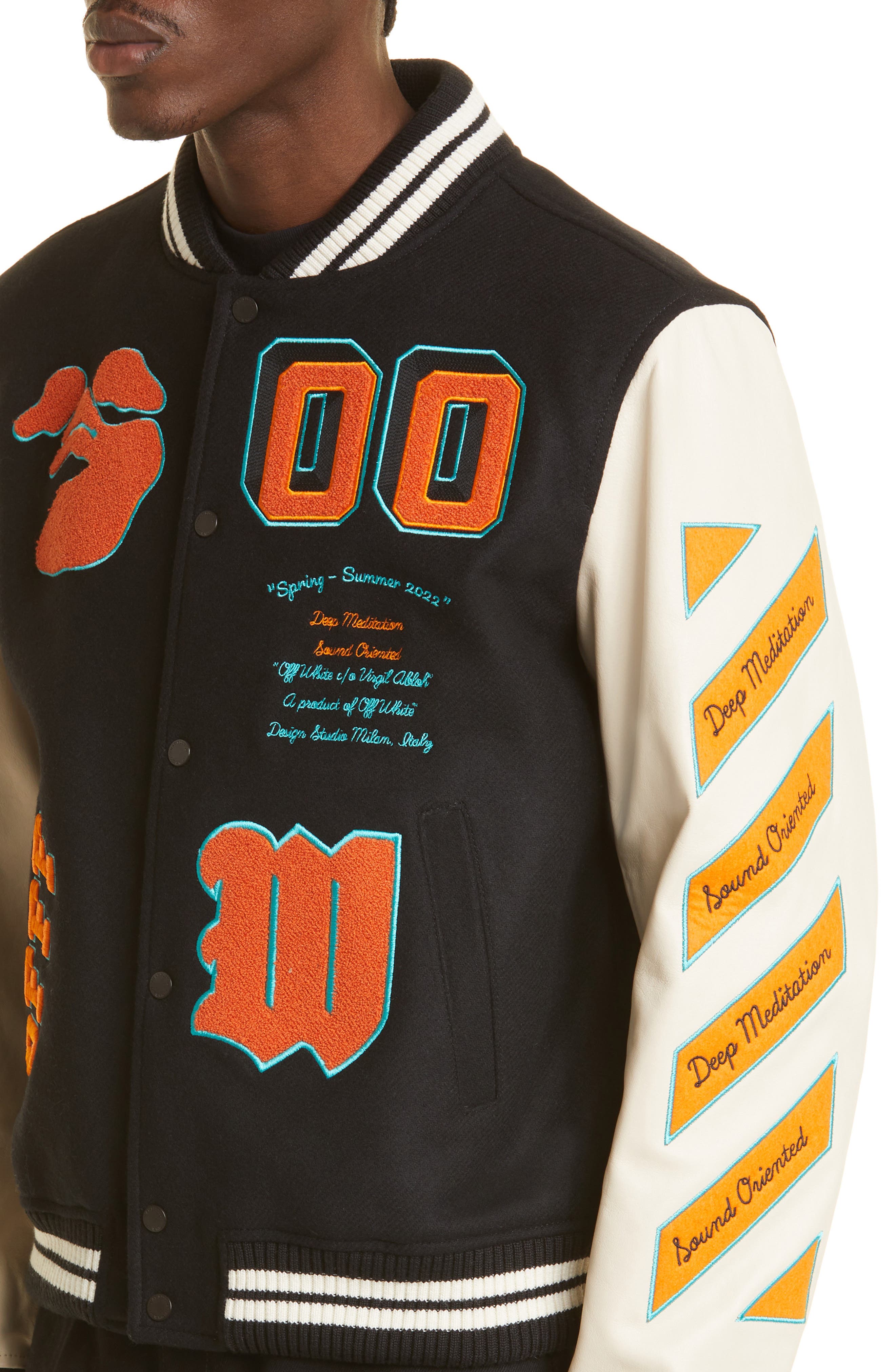 off white leather varsity jacket