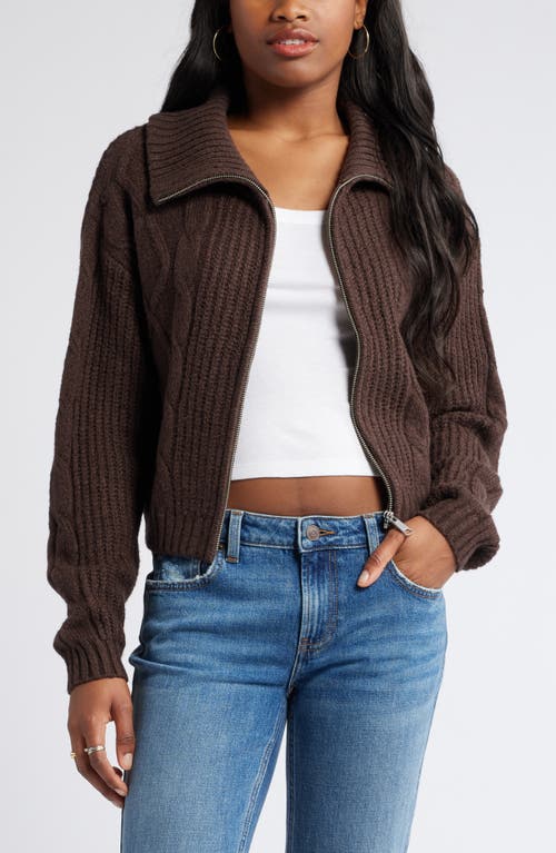 BP. Mock Neck Cable Knit Zip Cardigan in Brown Coffee 