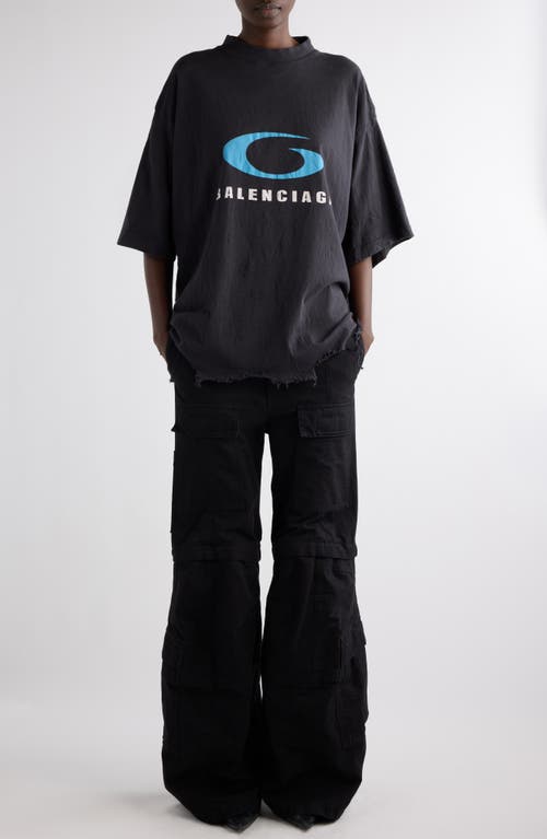 Balenciaga Cropped Distressed Printed Cotton-jersey T-shirt In Washed Black/blue