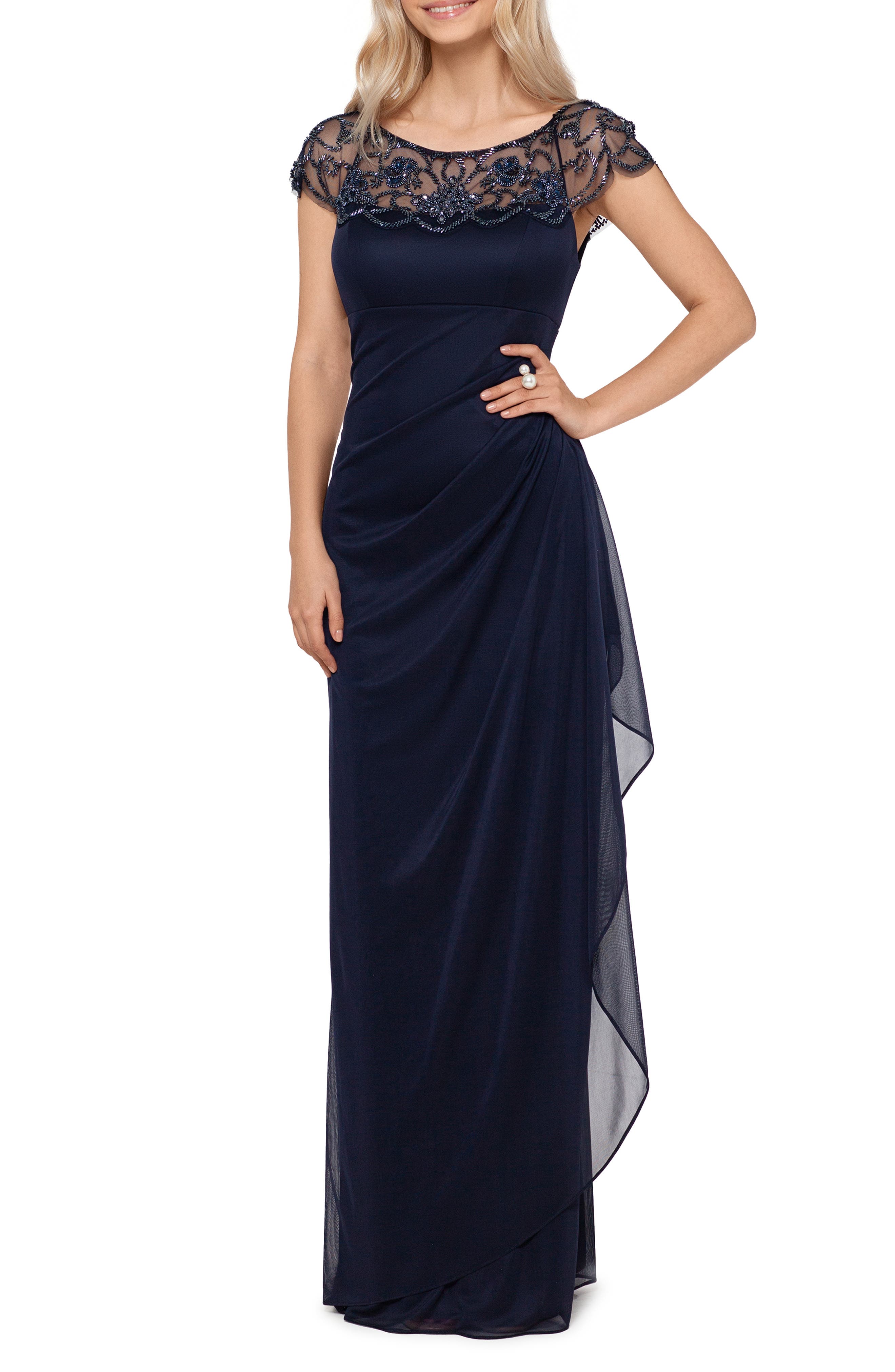 Xscape Ruched Beaded Short Sleeve Gown 