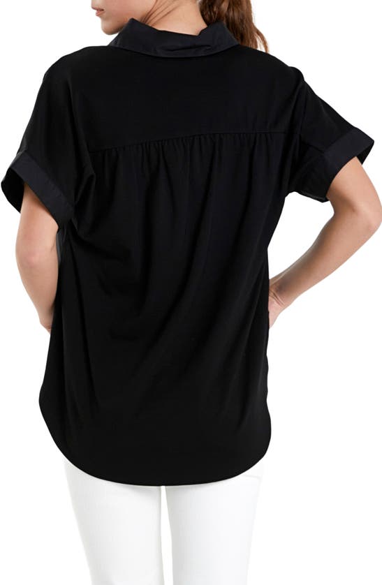 English Factory Mixed Media Button Front Top In Black