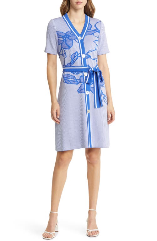 Ming Wang Floral Belted Button-Up Knit Dress in Dazzling Blue/White
