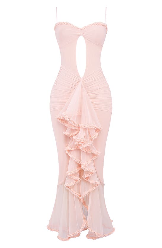 Shop House Of Cb Gabriella Keyhole & Ruffle Mesh Body-con Gown In Soft Peach