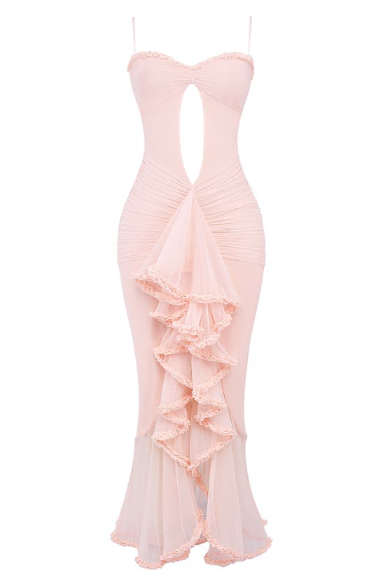 House Of Cb Gabriella Keyhole & Ruffle Mesh Body-con Gown In Soft Peach