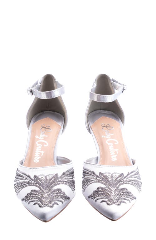 Lady Couture Women's Closed Toe, Closed Back, Open Sides Instep Strap Embroidered Short Heel Pumps In Silver