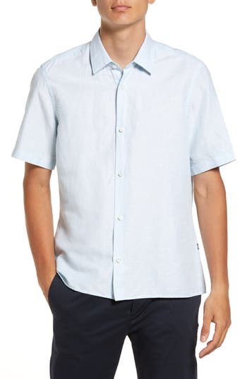 Shop Hugo Boss Boss Lukka Floral Short Sleeve Cotton Button-up Shirt In Light/pastel Blue