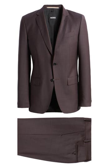 Hugo Boss Three-piece Slim-fit Suit In Patterned Stretch Wool In Dark Red