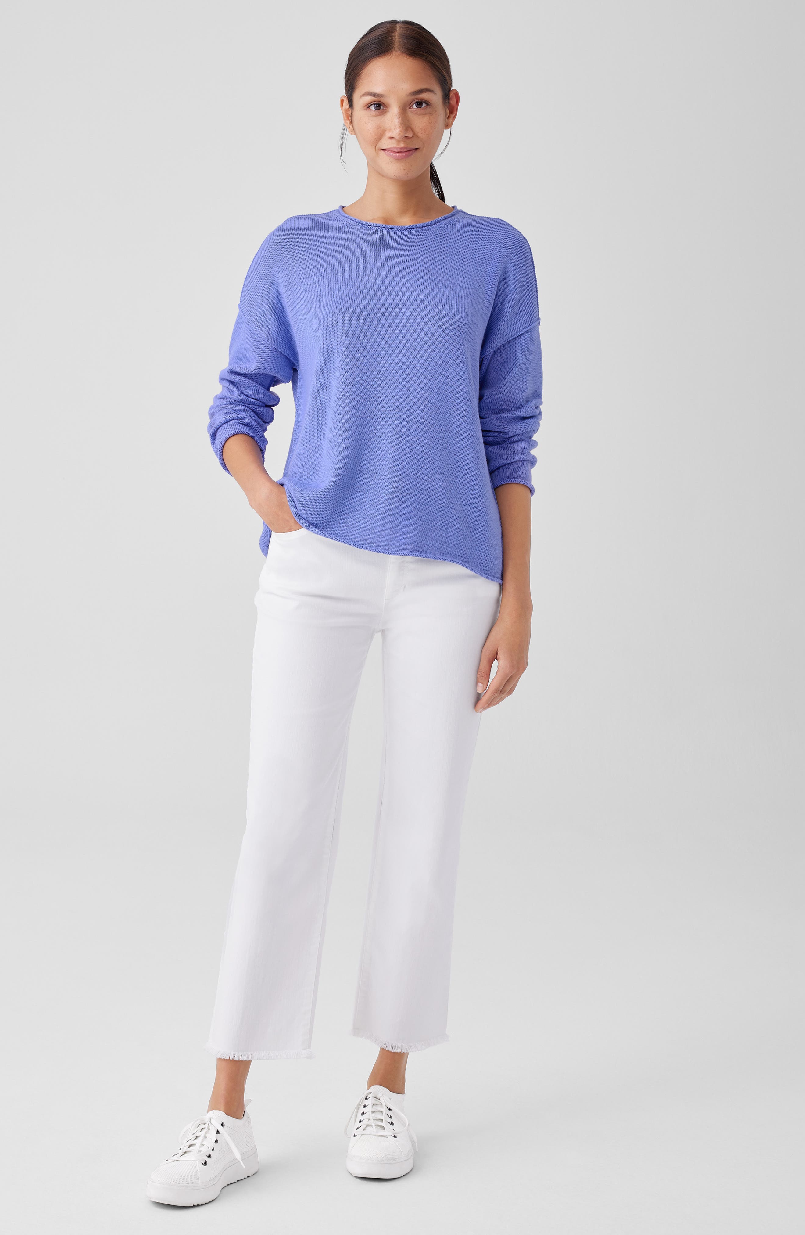 Eileen Fisher Washed Silk Tussah Mandarin Collar Shirt in Natural