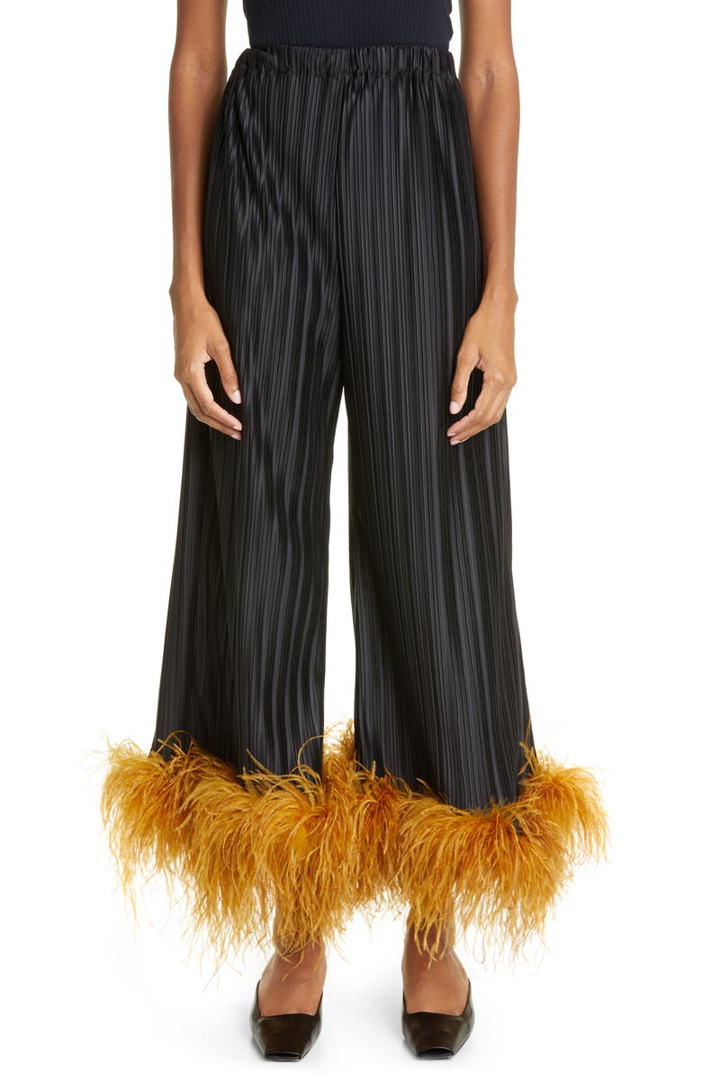 Dauphinette Party Pants Feather Trim Pleated Wide Leg Pants | Nordstrom