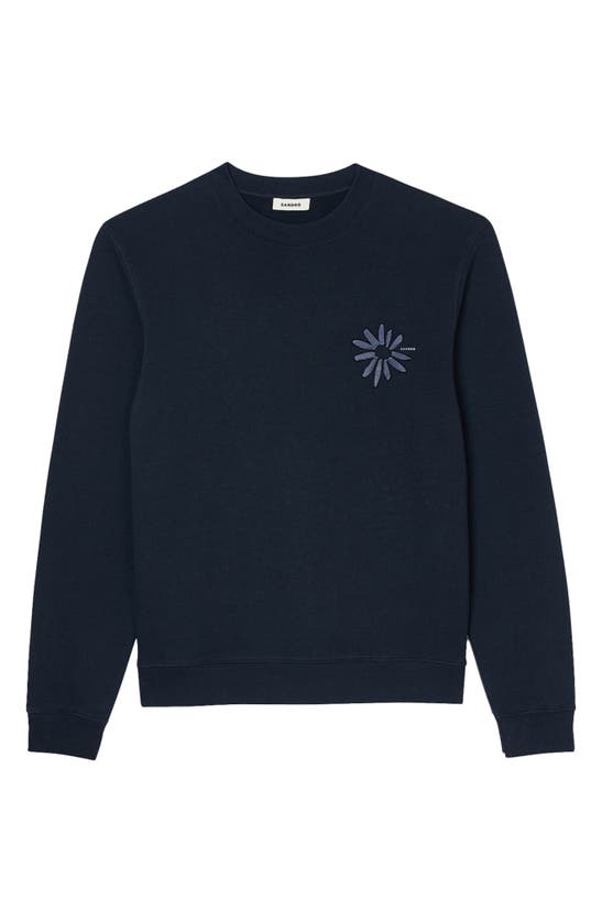 Shop Sandro Easy Glossy Flower Cotton Graphic Sweatshirt In Navy Blue