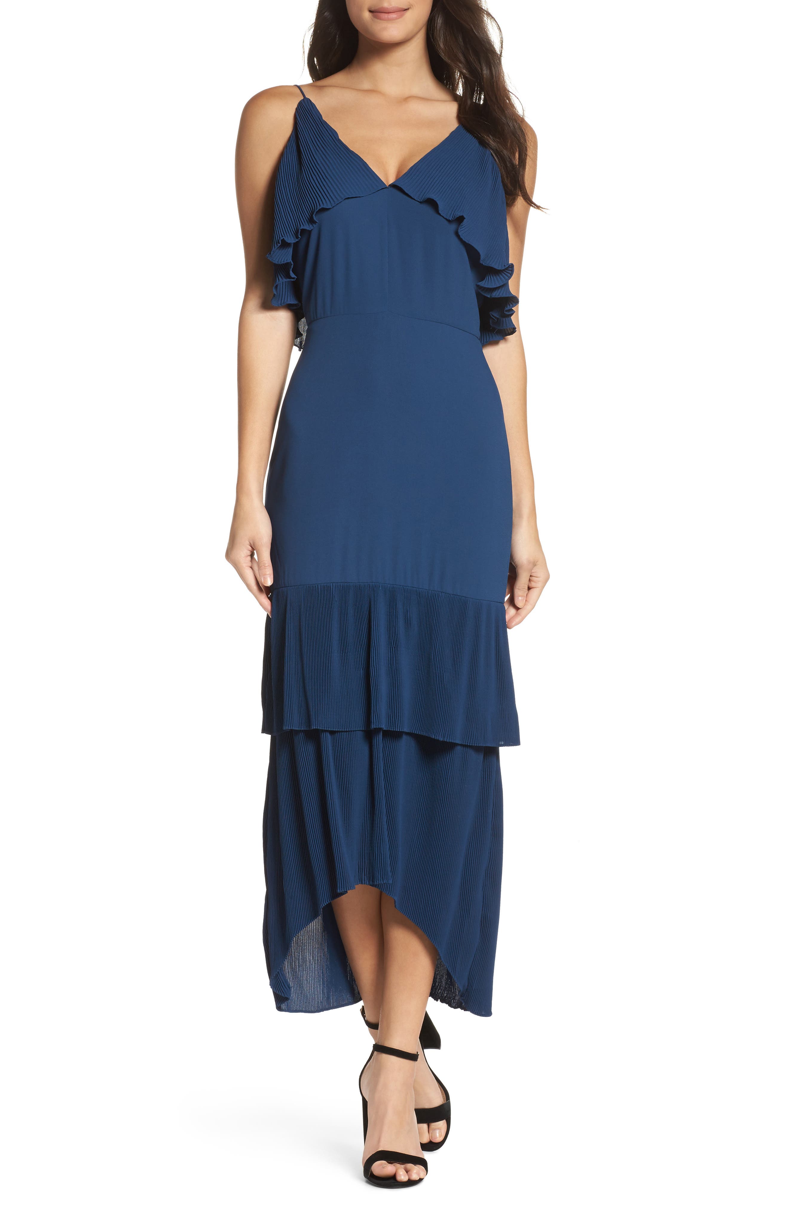 pleated ruffle midi dress