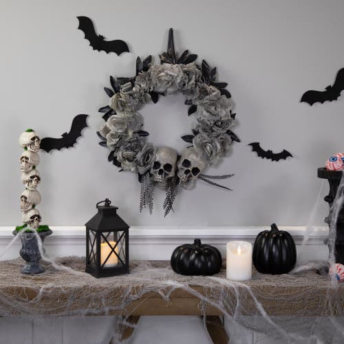 Northlight Double Skull And Gray Roses Halloween Wreath, 16-inch, Unlit In Gray