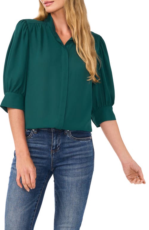 Shop Cece Puff Sleeve Button-up Shirt In Dark Forest Green