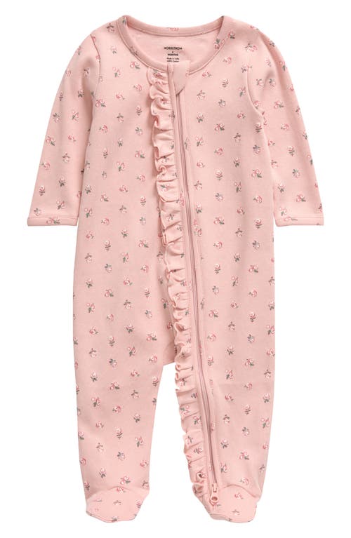 Nordstrom Babies'  Floral Ruffle Zip-up Cotton Footie In Pink Lotus Ines Floral