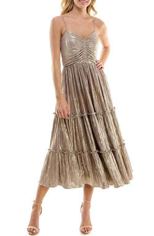70s Prom, Formal, Evening, Party Dresses Socialite Metallic Plissé Tiered Midi Dress in Gold Metallic at Nordstrom Size Large $128.00 AT vintagedancer.com