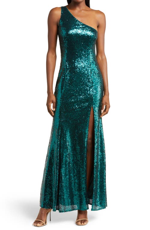 Lulus Capture the Glam Sequin One-Shoulder Gown in Emerald