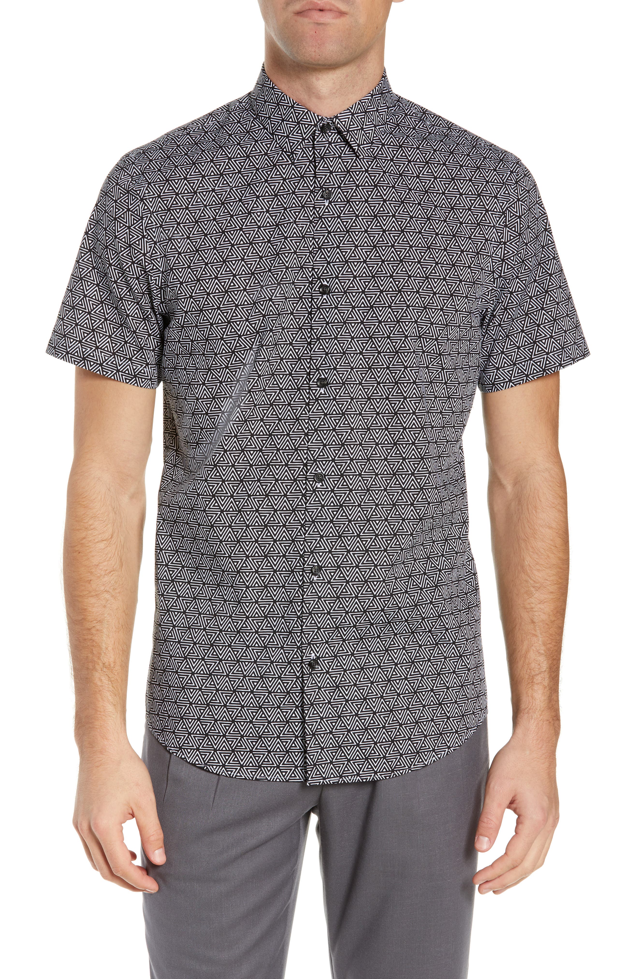 Calibrate Geo Print Slim Fit Sport Shirt, Black